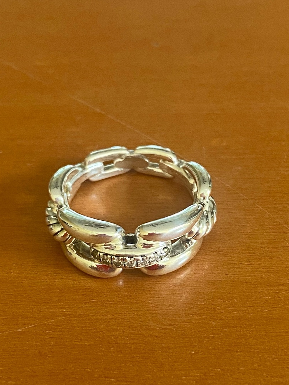 David Yurman Belmont link ring. Sterling silver with a few pave set diamonds.